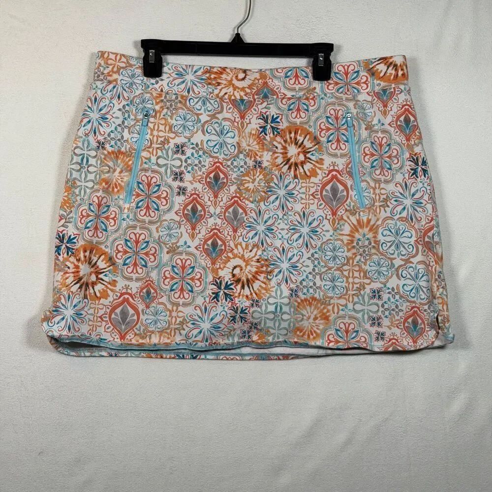 Talbots Skort 2X Orange Blue Geo Print Pull On Stretch Golf Skirt Built In Short